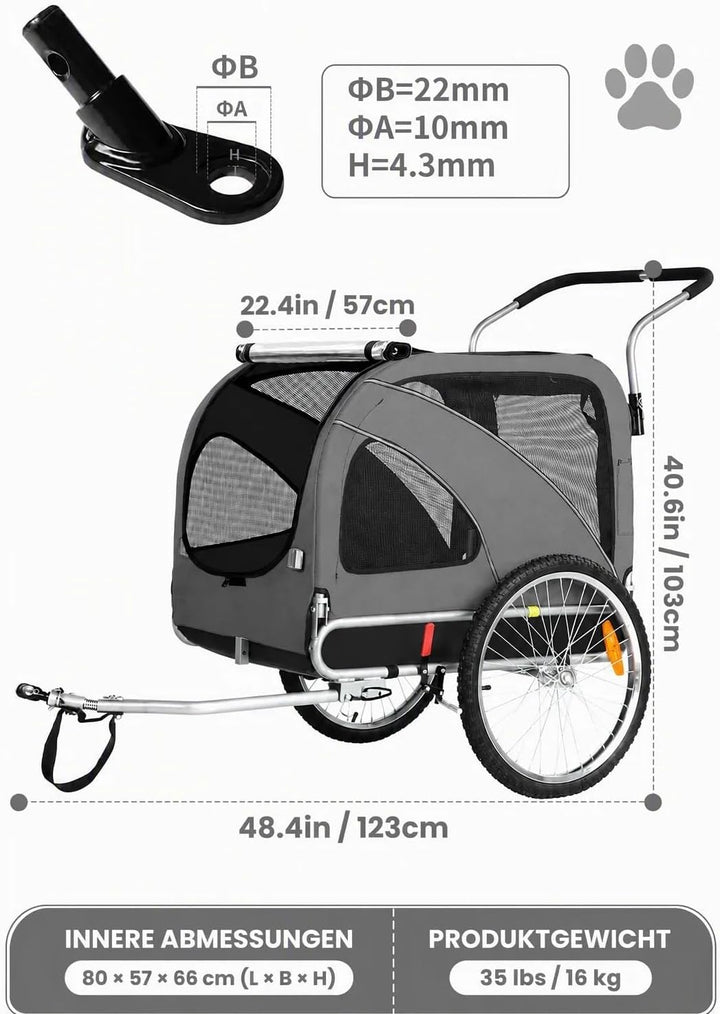 Hundeanhänger 2-in-1 für Fahrrad &amp; Jogger Grey