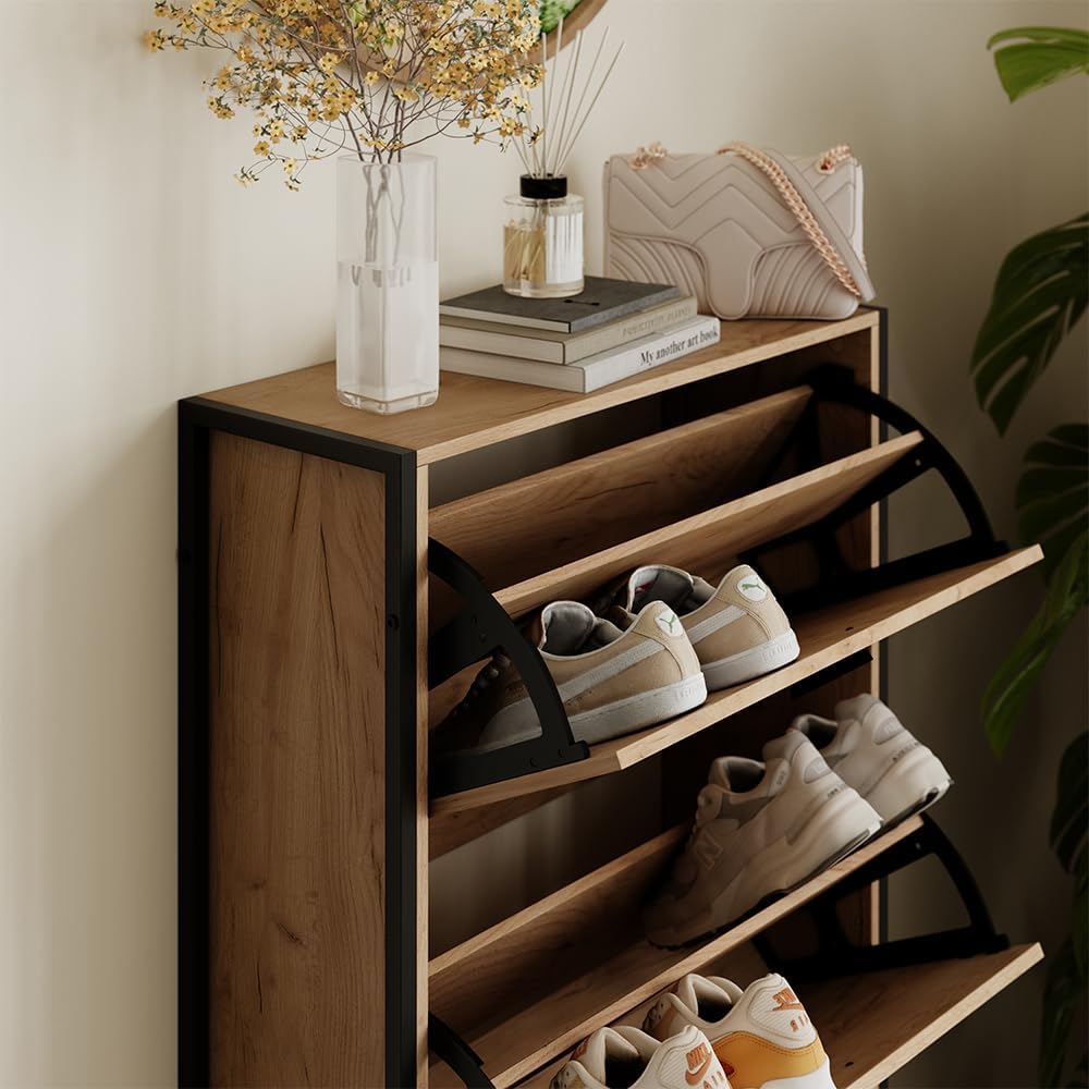 Vicco Schuhkipper Folda, Goldkraft Eiche/Schwarz, 63 x 119 cm mit 3 Kippfächern 3 Fächer, 3 Fächer