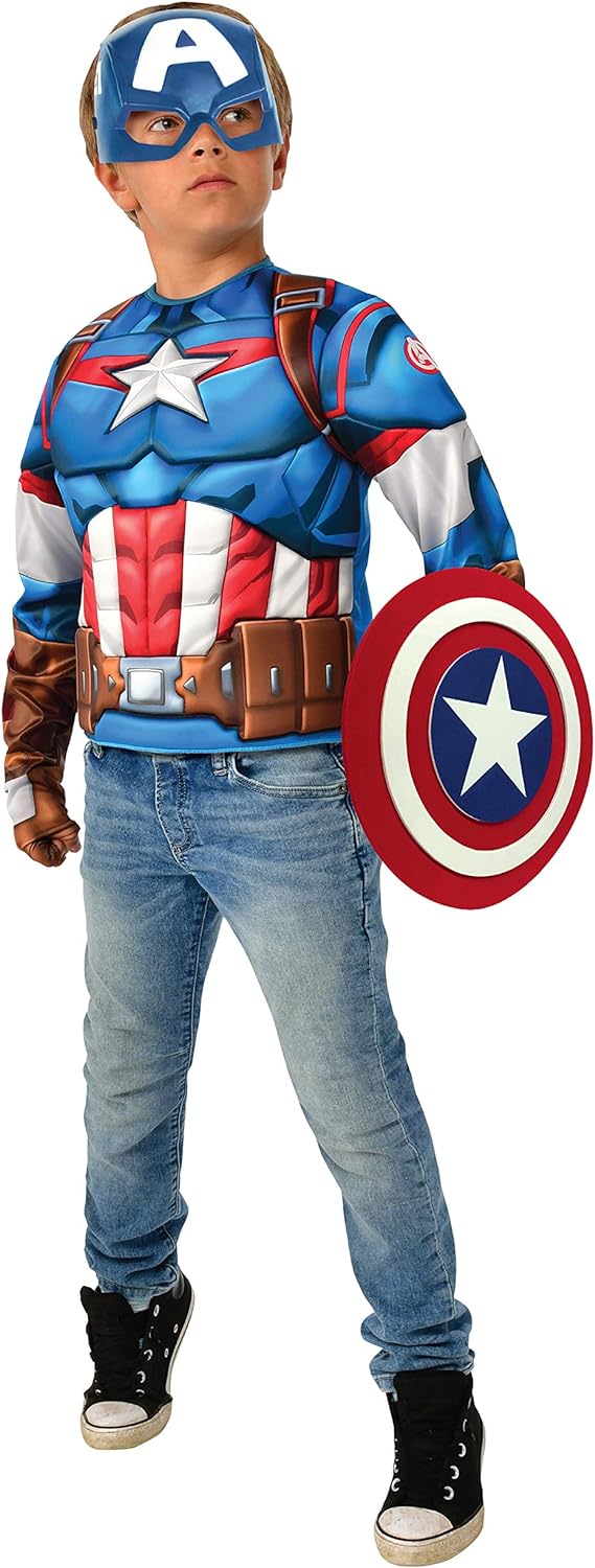 Rubies - Avengers Endgame Captain America Deluxe Costume Top Set Captain Kostüm, einfarbig, wie abge