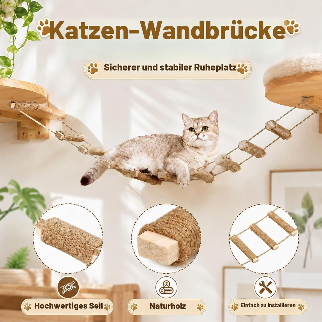 108cm Katzenleiter Wandmontiert, 3-in-1 Sisal Kletterbrücke &amp; Hängematte aus Massivholz, Faltbare Ju