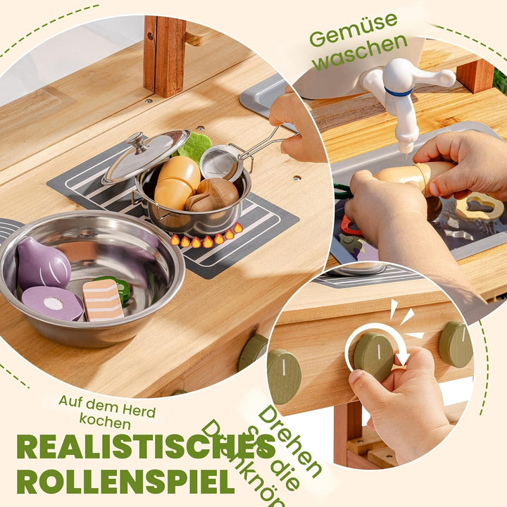 ROBUD Matschküche aus Holz – Outdoor Spielküche mit Zubehör & Maltafel – Rollenspielzeug für Kinder