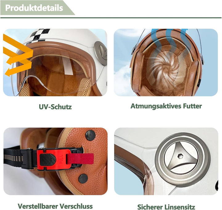 BOSERMEM Erwachsenen Harley Motorradhelm Scooter-Helm, Mode Halboffener Helm Mit Schutzbrille, Hat D