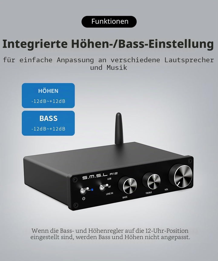 SMSL A12 Bluetooth 5.0 Stereo Audio Amplifier, Mini HiFi Class D Integrated 2 Channel Power Amp for