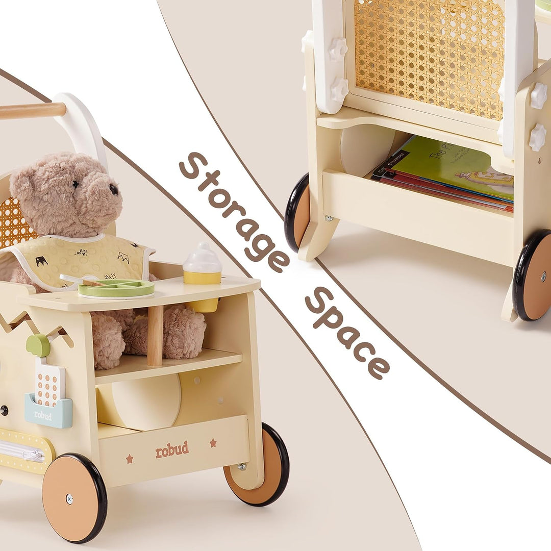 ROBUD Holz lauflernhilfe Baby Walker, 2-In-1 Puppe Lauflernwagen mit Montessori Busy Activity Board