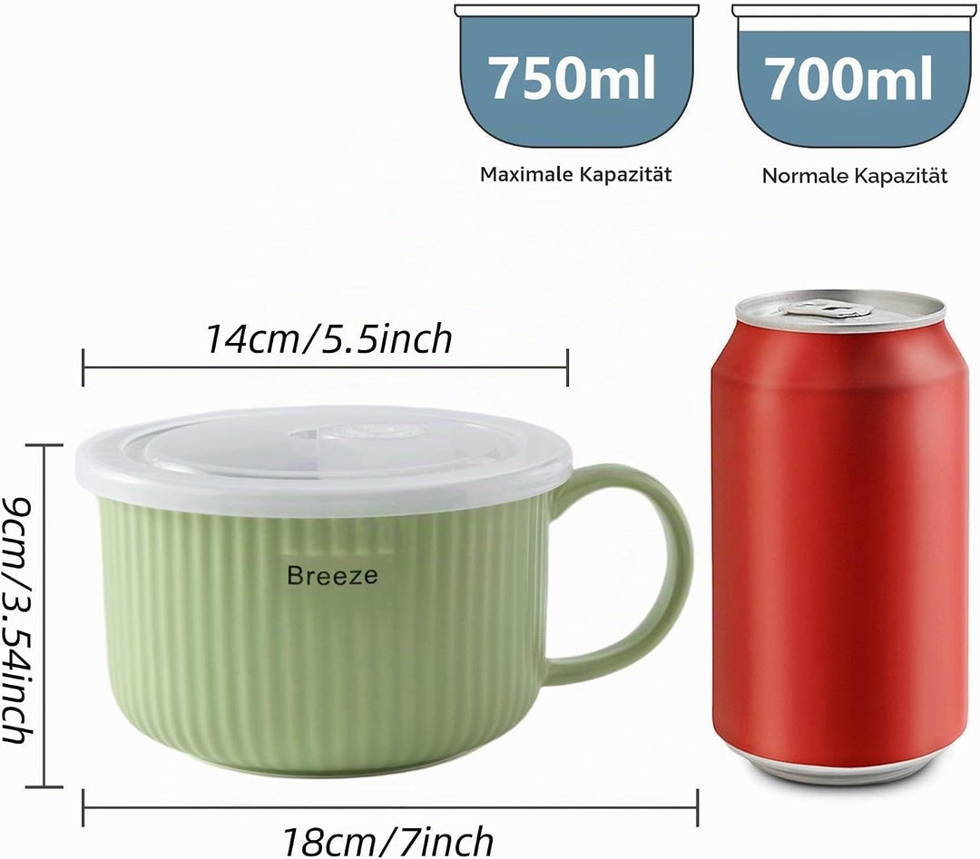 Keramik Suppenschalen mit Griff und Deckel, 750 ml Grosse Suppentasse für Suppe, Instant-Nudel, Müsl