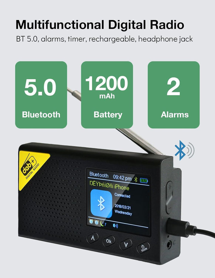 Tragbares DAB Radio, DAB Plus Radio kleine, Bluetooth,USB-C Betrieben & Wiederaufladbarer Akku | 12