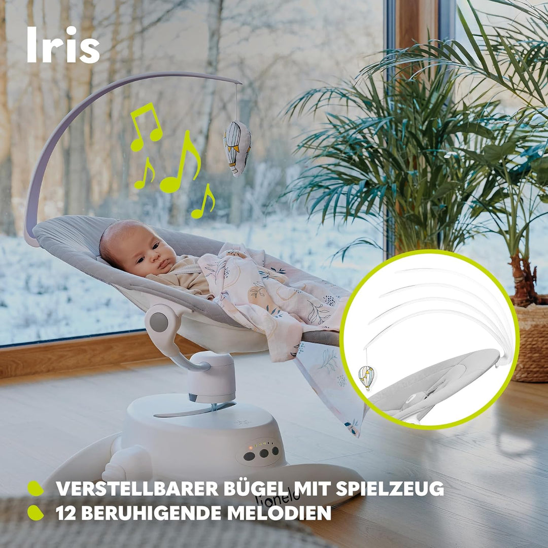 LIONELO Iris Elektrisch Babywippe 360o drehbar für Babys bis zu 9 kg Verstellbare Rückenlehne, 5 Wie