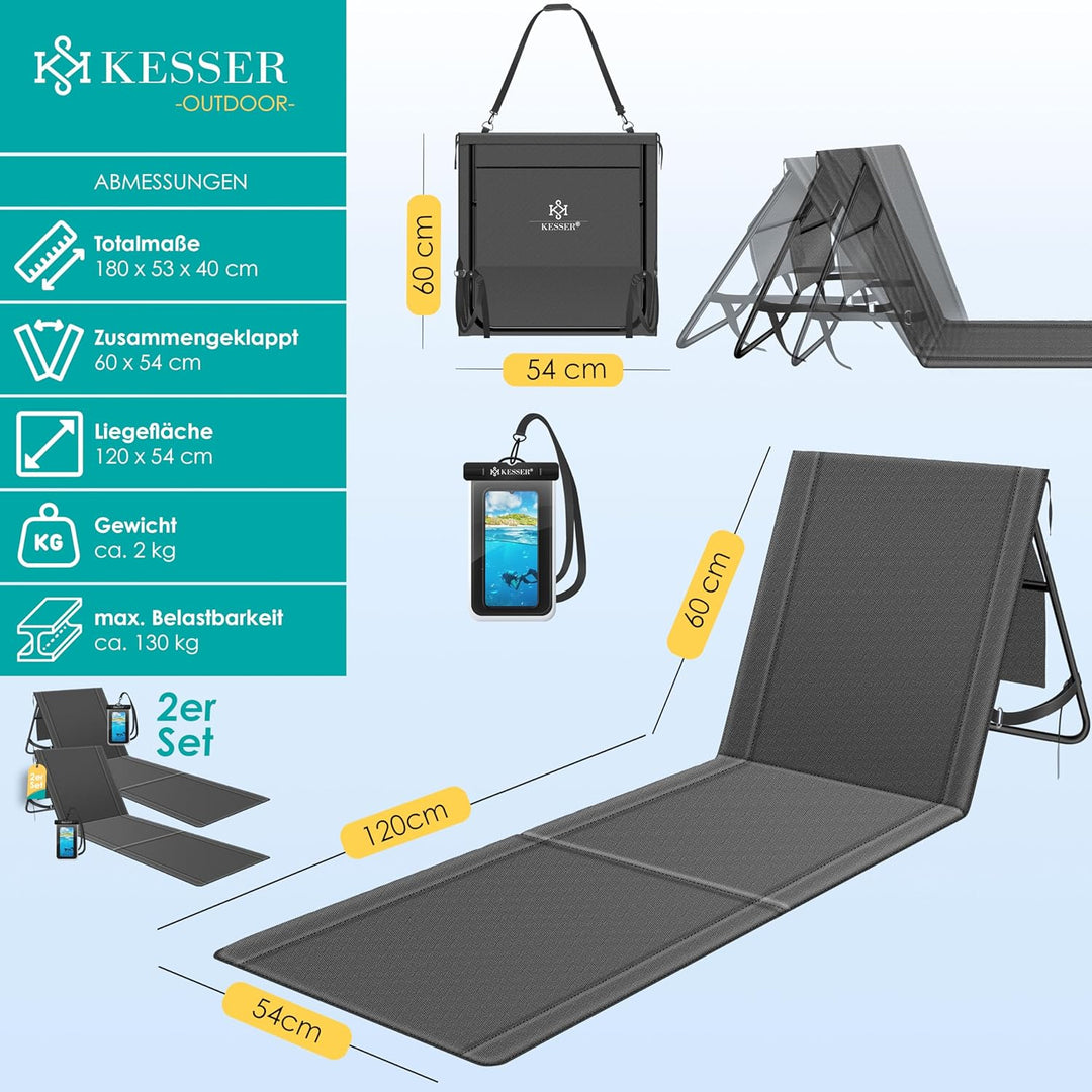KESSER® 2er Set Strandmatte klappbar mit Verstellbarer Rückenlehne, Tragegurt, wasserdichter Tasche