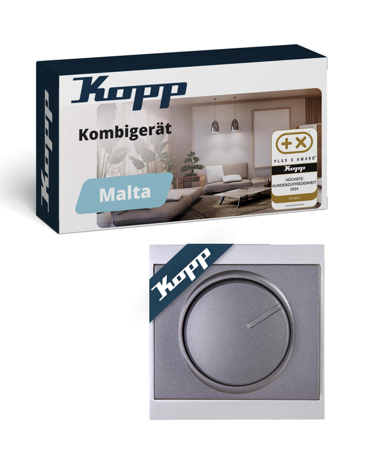 Kopp Malta anthrazit, Druck-Wechsel-Schalter, Kombigerät, LED-Dimmer, für Glüh-Lampen, 230V Halogenl