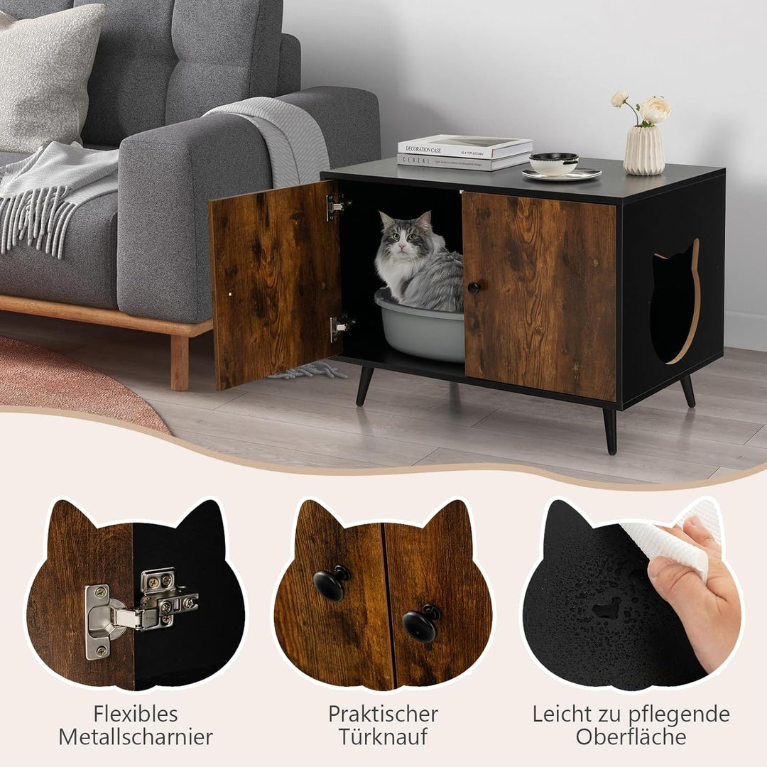 GOPLUS Katzenschrank, Katzenklo Schrank mit Doppeltüren, Trennwand und Katzenlöchern, Katzentoilette