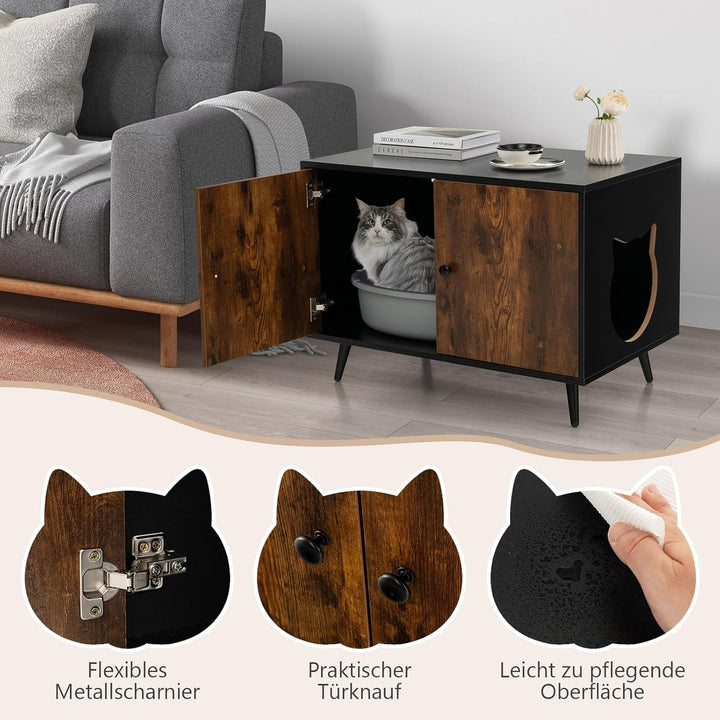 GOPLUS Katzenschrank, Katzenklo Schrank mit Doppeltüren, Trennwand und Katzenlöchern, Katzentoilette