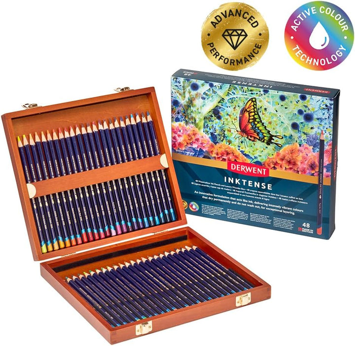 Derwent Inktense Permanent wasserlösliche Aquarellstifte, 48er Set in hölzerner Geschenkbox, 4 mm Pr