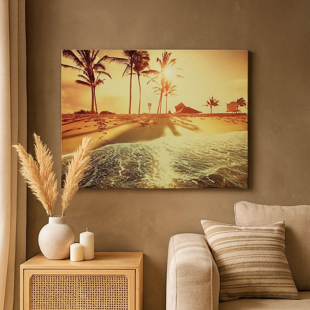 Bilder auf Leinwand Strand Meer Palme Leinwandbild mit Rahmen 70x50cm Wandbilder Dekoration Wohnzimm