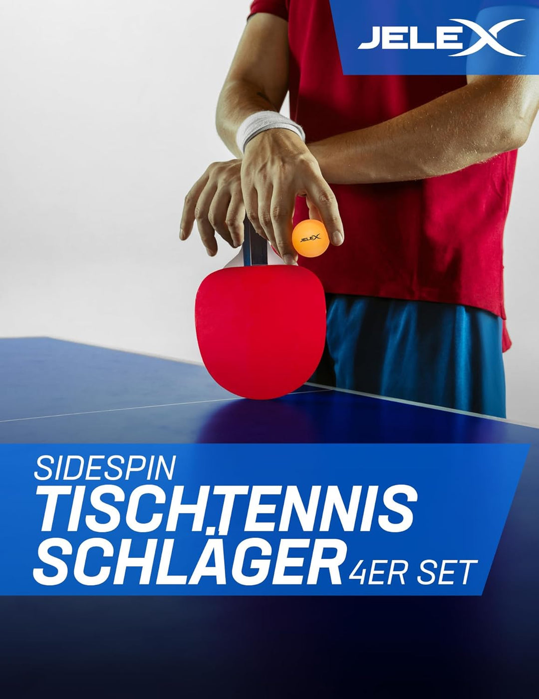 JELEX Sidespin 4er-Set Tischtennis Schläger aus Holz, mit unterschiedlich gefärbter Vorder- und Rück