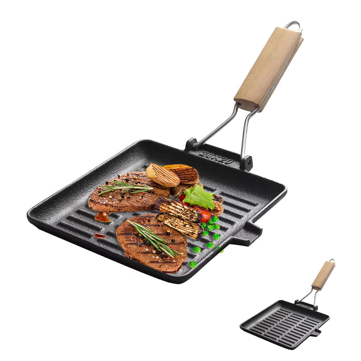 Steakpfanne Gusseisen 20×20 cm Grillpfanne mit Klappbarem Holzgriff Viereckige Grill Pan Induktion F