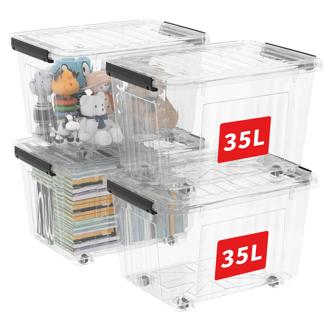 Cetomo,35L*4,4er-Pack, Aufbewahrungsbox mit deckel,Aufbewahrungsboxen, mit Clips, stapelbar, Wohnzim