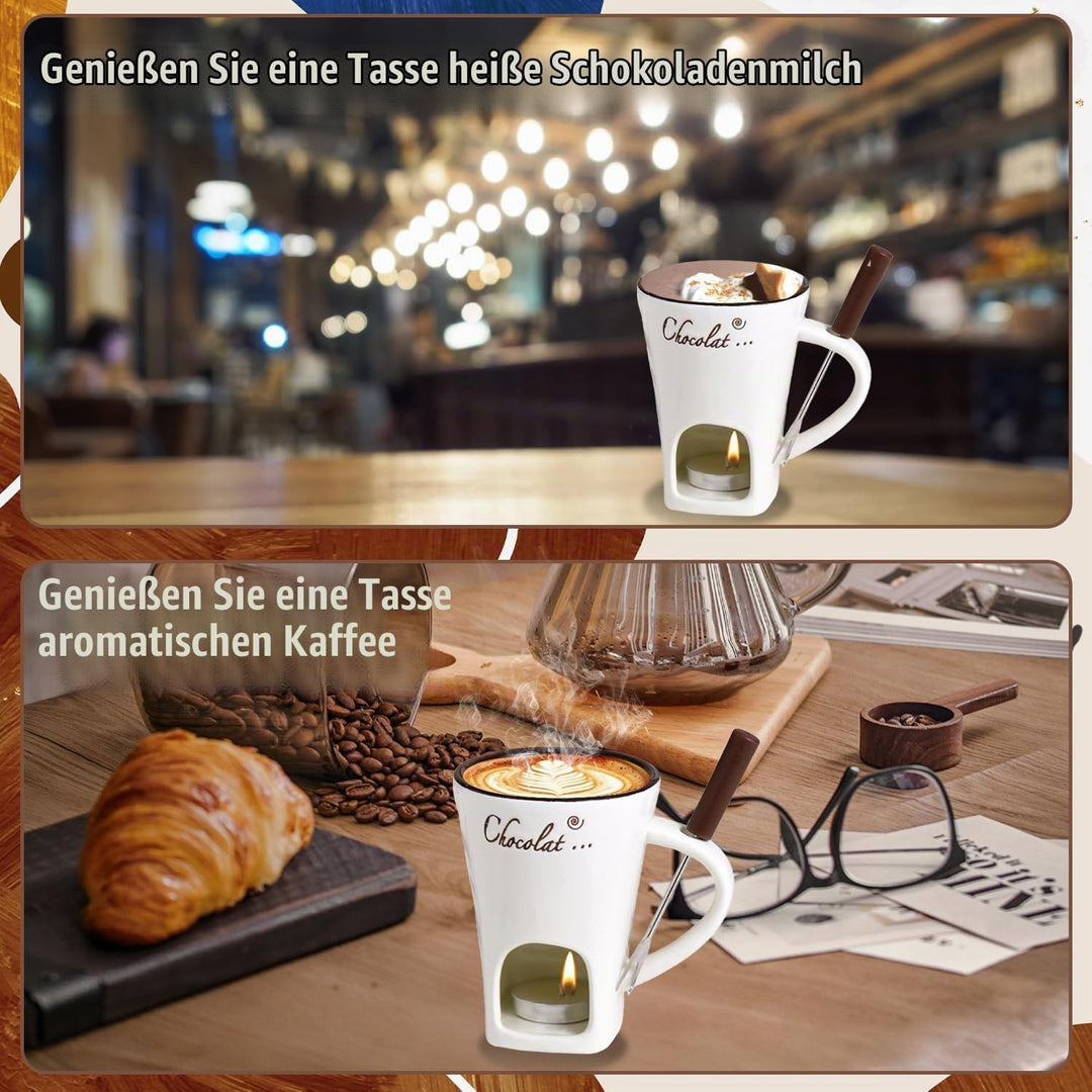 Schokoladen Fondue Becher Set, 130ml Keramik Schokoladenfondue Tasse, Schokoladen-Hot-Pot-Schmelzbec