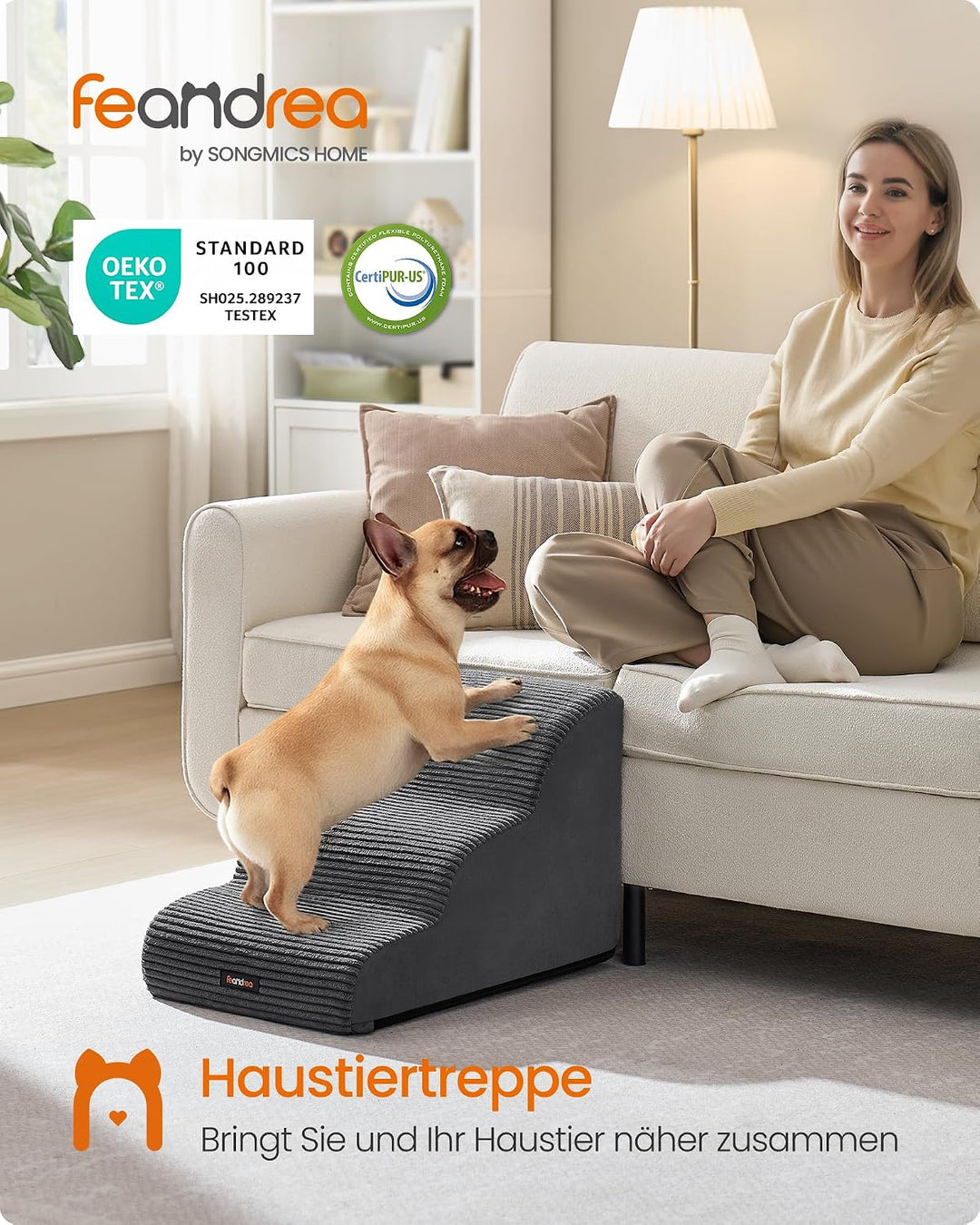 Feandrea Hundetreppe, 3 Stufen, Cord mit Querstreifen, Haustiertreppe, für Bett, Sofa, wasserdicht,