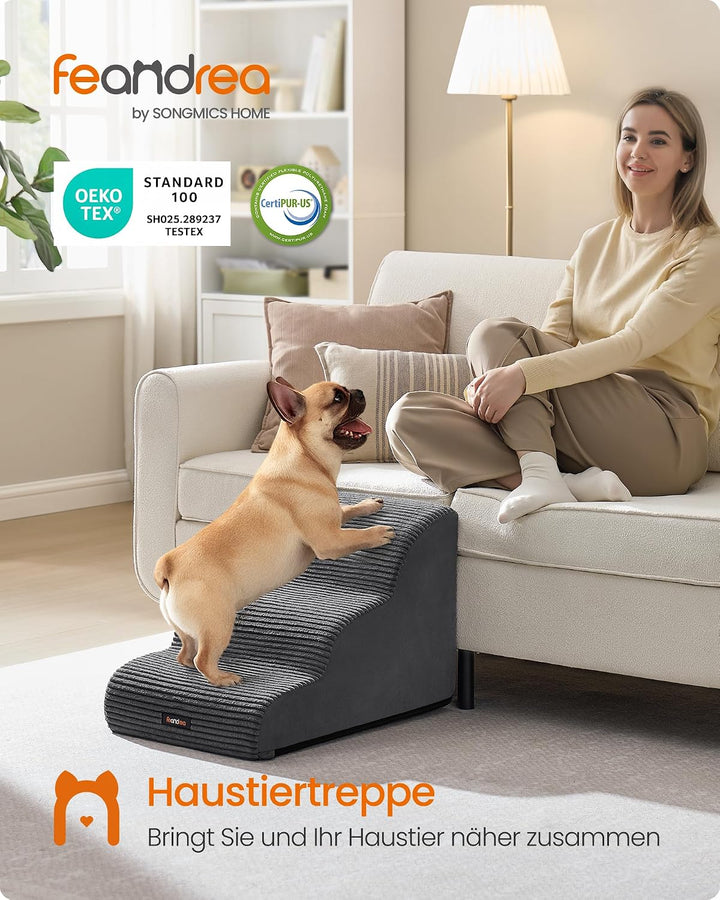 Feandrea Hundetreppe, 3 Stufen, Cord mit Querstreifen, Haustiertreppe, für Bett, Sofa, wasserdicht,