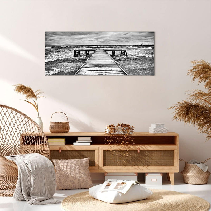 Panorama Bilder auf Leinwand 100x40cm Leinwandbild Brücke Meer Welle Gross Wanddeko Bild Schlafzimme