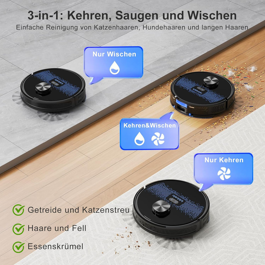 Lubluelu Saugroboter mit Wischfunktion 3-1, 4500Pa Staubsauger Roboter mit Lasernavigation, 54 dB Ro