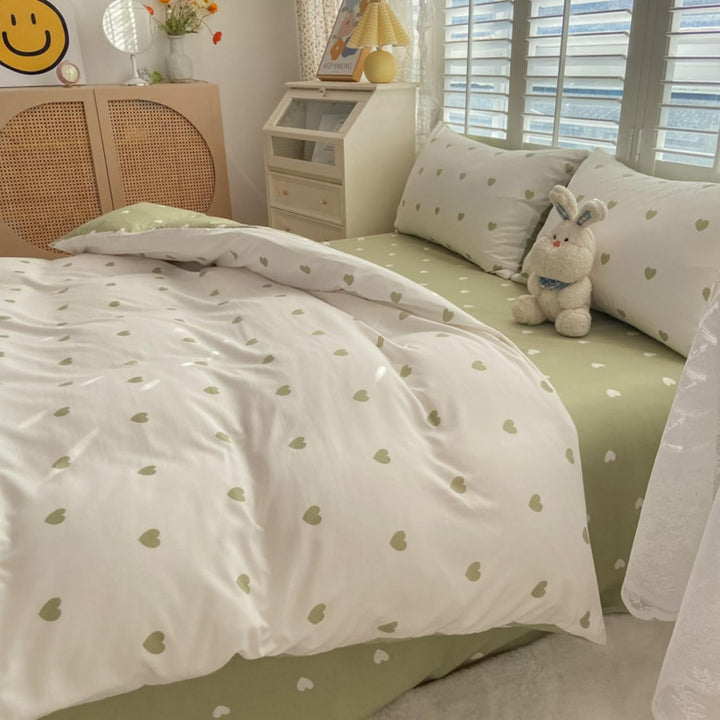 Freyamy Bettwäsche 135x200cm 2teilig Grün Weiss Herz Mädchen Bettwaren-Sets Romantisch Liebe Wendebe