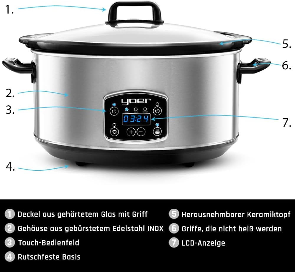 Yoer Clever-Cook SC6502S, Slow Cooker, 320W, 6,5L, Multifunktional, ECO, 16-Stunden-Timer, LCD-Displ