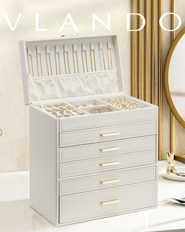 Vlando Modern Schmuckkasten Gross, Schmuckkästchen mit 6 Ebenen, Geräumige Schmuckschatulle Damen, f