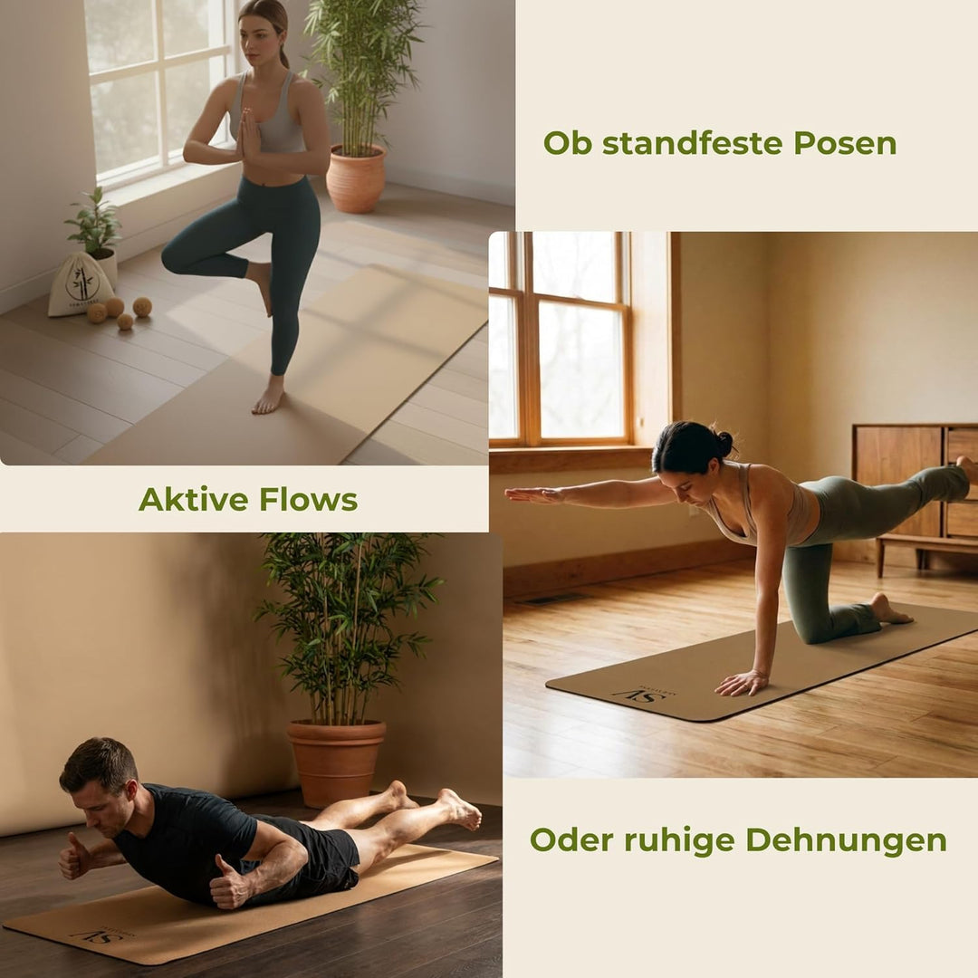 Kork Yogamatte hochwertig 183×68×4,5 mm – Feiner Naturkork & Naturkautschuk – extra breit, rutschfes