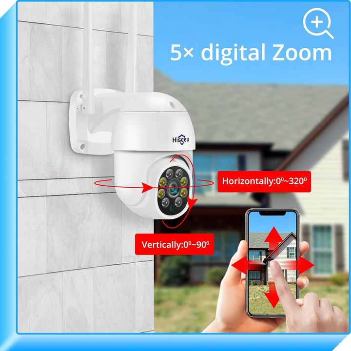 Hiseeu 5 MP Überwachungskamera Aussen-WLAN mit automatischer Verfolgung, 350°/90° schwenkbar, Farbna