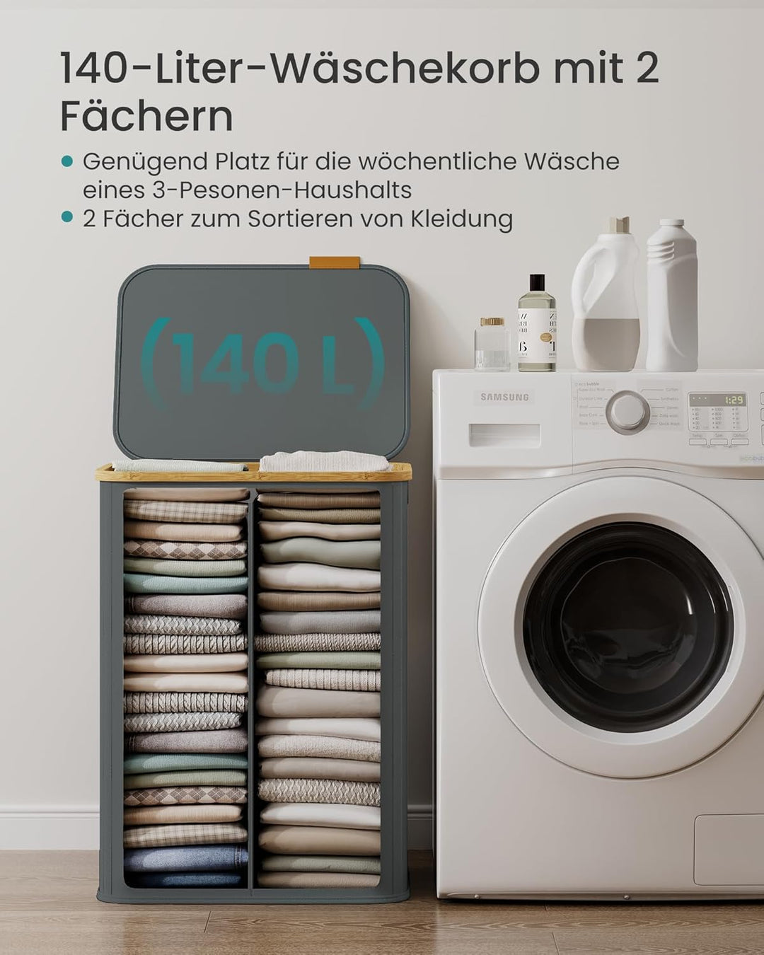 SONGMICS Wäschekorb mit Deckel, Wäschesammler 2 Fächer, Oxford-Gewebe, zusammenklappbar, Bambusrahme