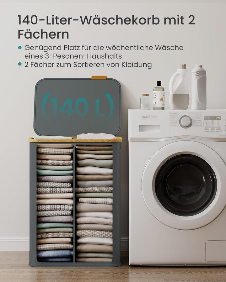 SONGMICS Wäschekorb mit Deckel, Wäschesammler 2 Fächer, Oxford-Gewebe, zusammenklappbar, Bambusrahme