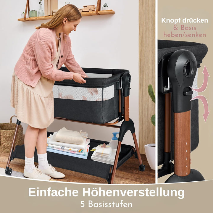 LullaBee Beistellbett & Baby Co-Sleeper – 6 Höhenstufen, Schaukel­funktion, Rollen, gesteppte Matrat