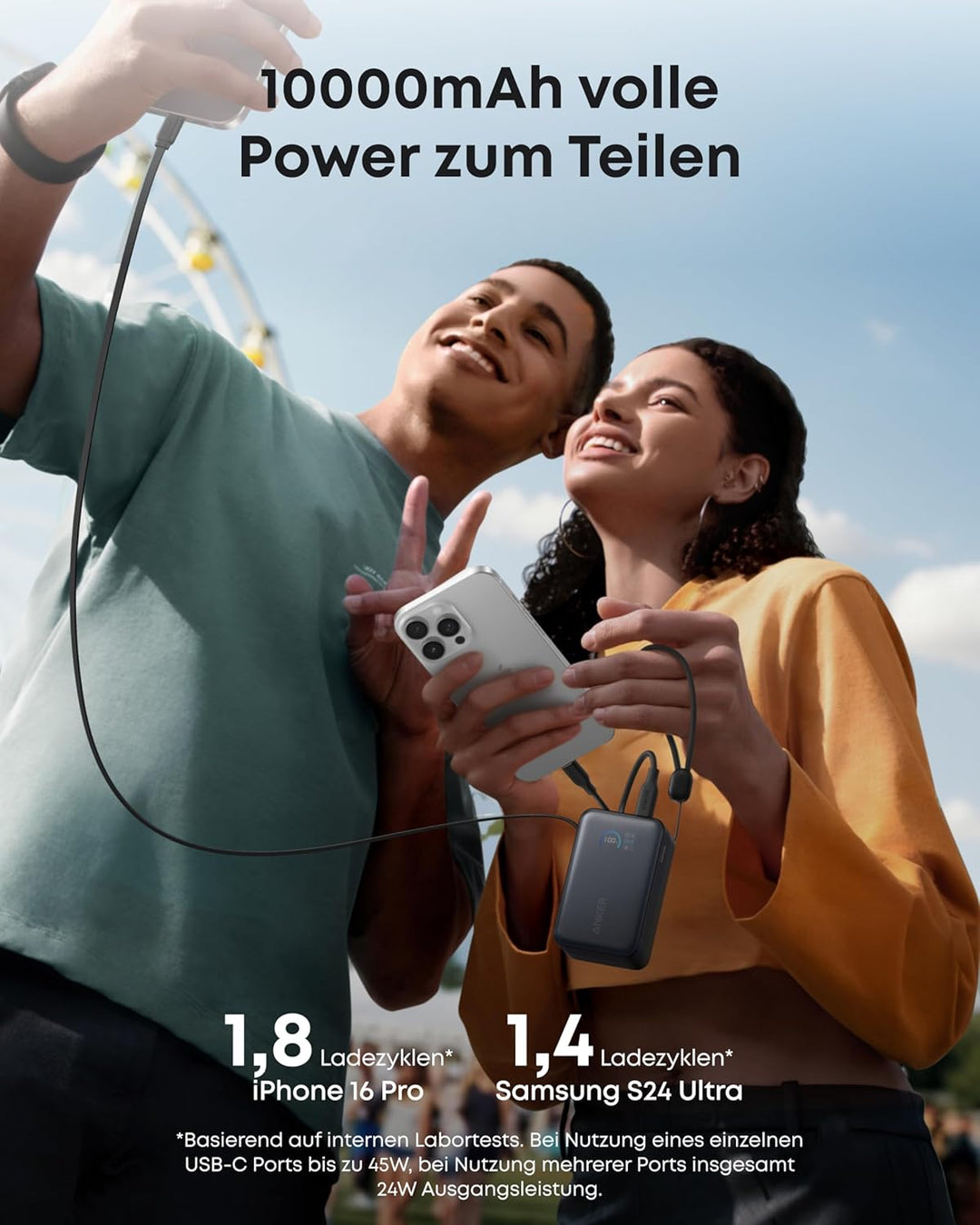Anker Nano Powerbank,10.000mAh Externer Akku mit 70cm Anker InstaCord Einzugskabel, 45W Max Kompakte