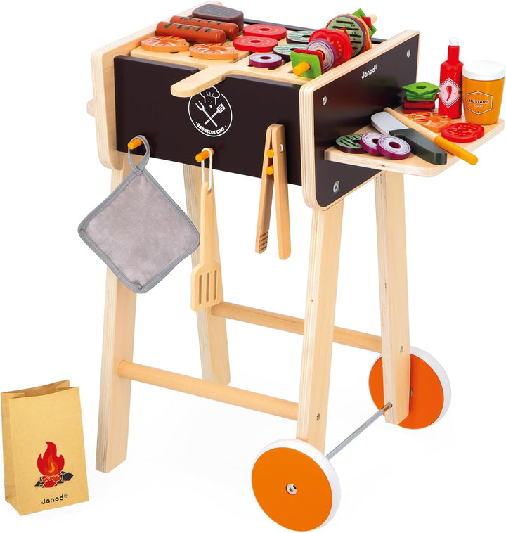 Janod - Grill aus Holz - Rollenspielzeug Küche und Puppengeschirr für Kinder - Inklusive 57 Zubehört