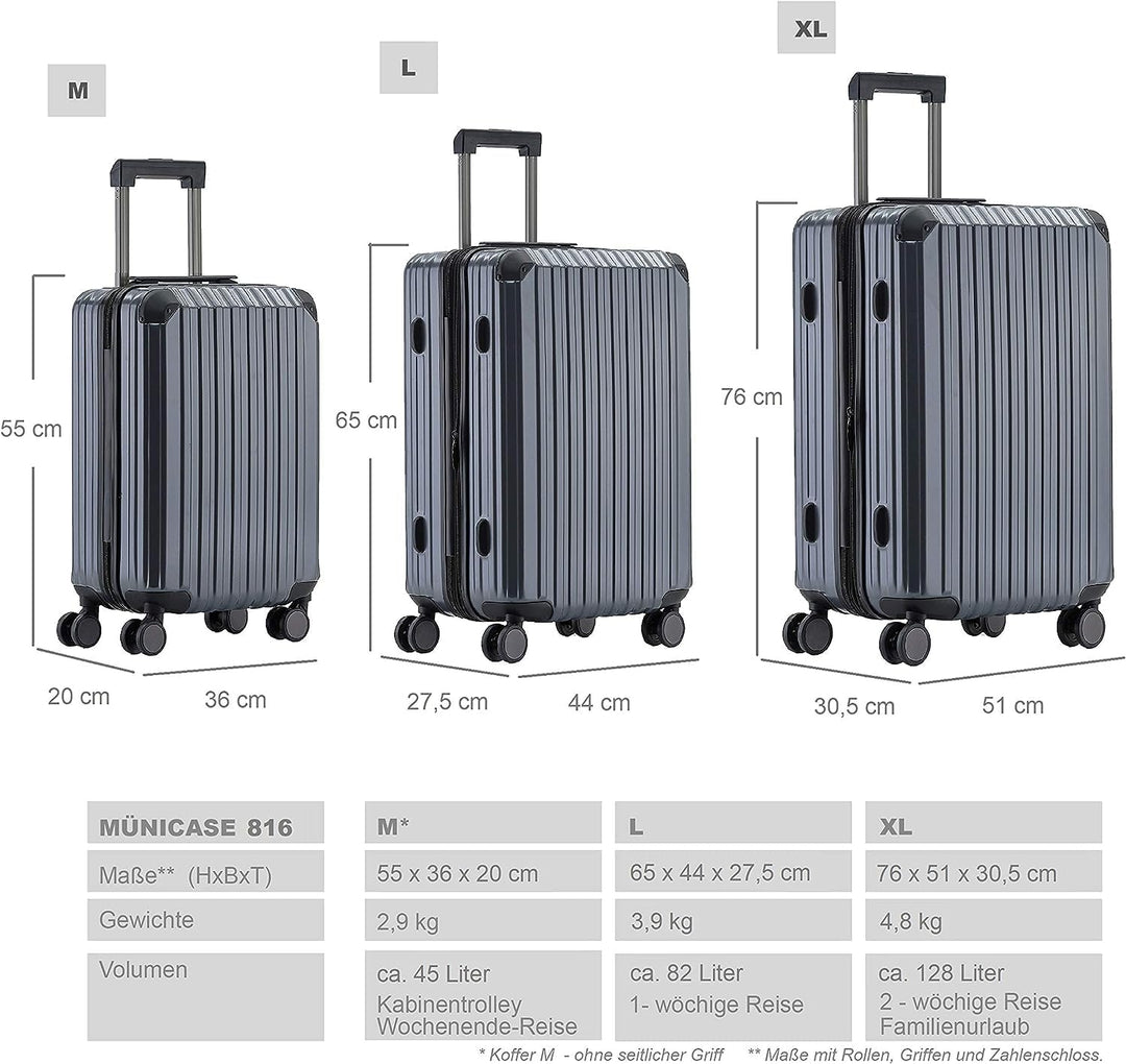 Münicase M816 TSA-Schloss Koffer Reisekoffer Trolley Kofferset Hardschale Boardcase (Grey, Grosser K