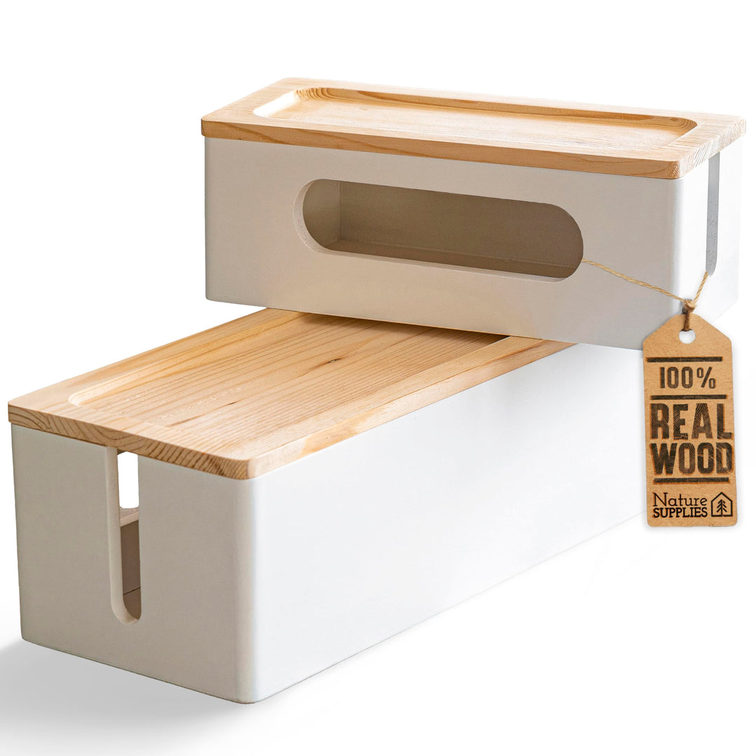 Nature Supplies Set mit 2 Kabelboxen aus Kiefernholz - 1 Klein Kabelbox als Schreibtisch-Organizer,