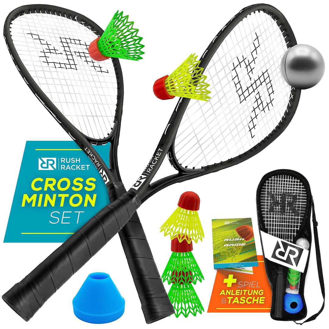 Rush Racket Set RS3 Speed Badminton Set 5-teilig (2X Schläger, 5X Federbälle, 1x Softball, 8X Feldma