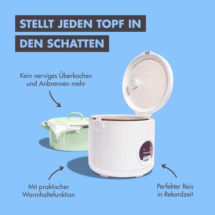 REISHUNGER Reiskocher & Dampfgarer mit Keramikbeschichtung, Weiss, 1,8L - bis zu 10 Portionen - Schn