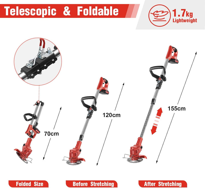 Akku Rasentrimmer 21V mit 2 x 2000mAh Akku, Teleskopstiel & 3 Klingen – Faltbare Motorsense mit 90°