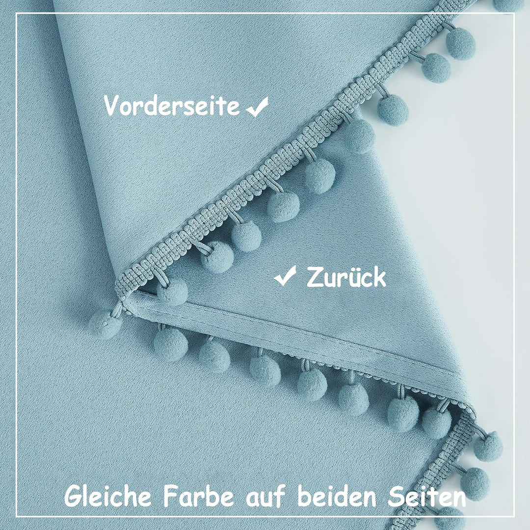 Treatmentex Blickdicht Vorhang mit Pompons Blau Vorhang mit Ösen Landhausstil Wärmeisoliert Thermovo