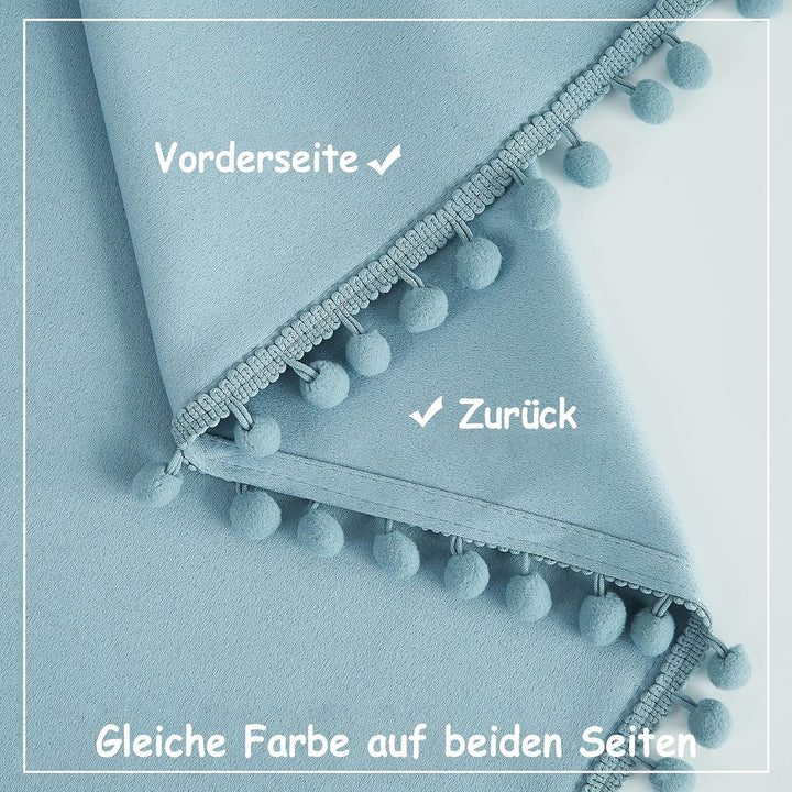 Treatmentex Blickdicht Vorhang mit Pompons Blau Vorhang mit Ösen Landhausstil Wärmeisoliert Thermovo