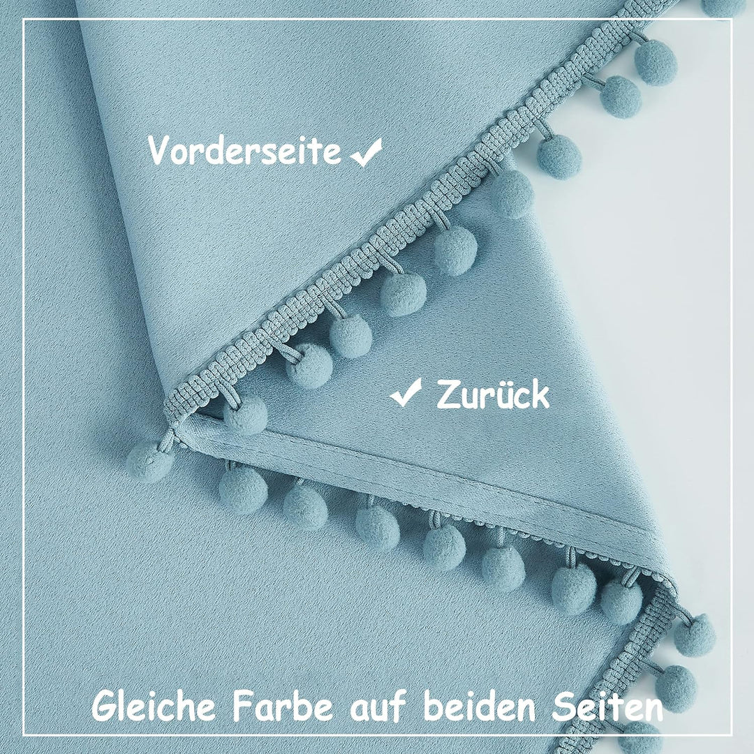 Treatmentex Blickdicht Vorhang mit Pompons Blau Vorhang mit Ösen Landhausstil Wärmeisoliert Thermovo