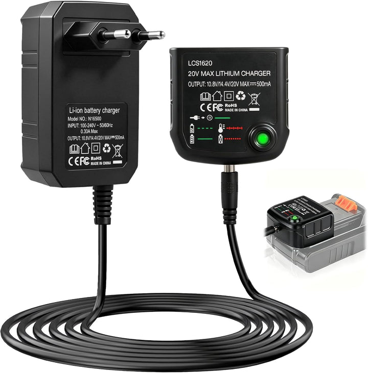LCS1620 18V/20V Lithium-Ionen-Ladegerät für Black & Decker, Ersatzladegerät passend für 10,8V/14,4V/