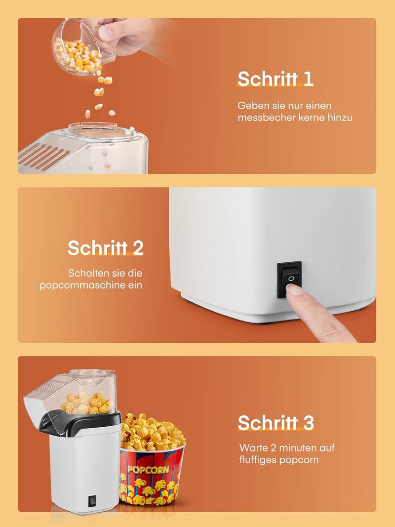 HOUSNAT Popcornmaschine, 1200W Heissluft Popcorn Maker ohne Öl, 2 Minuten Schnell Produktion, für Zu