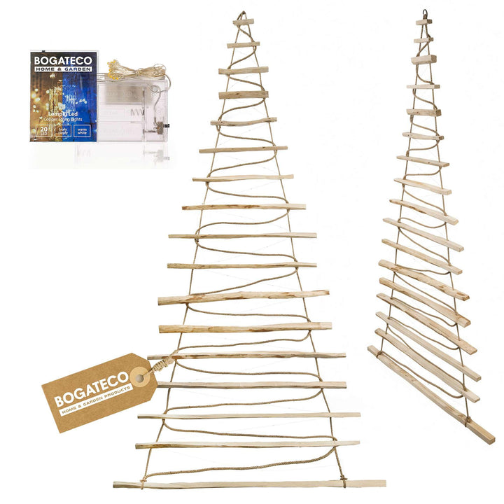 BOGATECO Handgemacht Weihnachtsbaum 205 cm hoch, aus Haselnussholz | Deko Anhänger | mit 10 m LED-Le