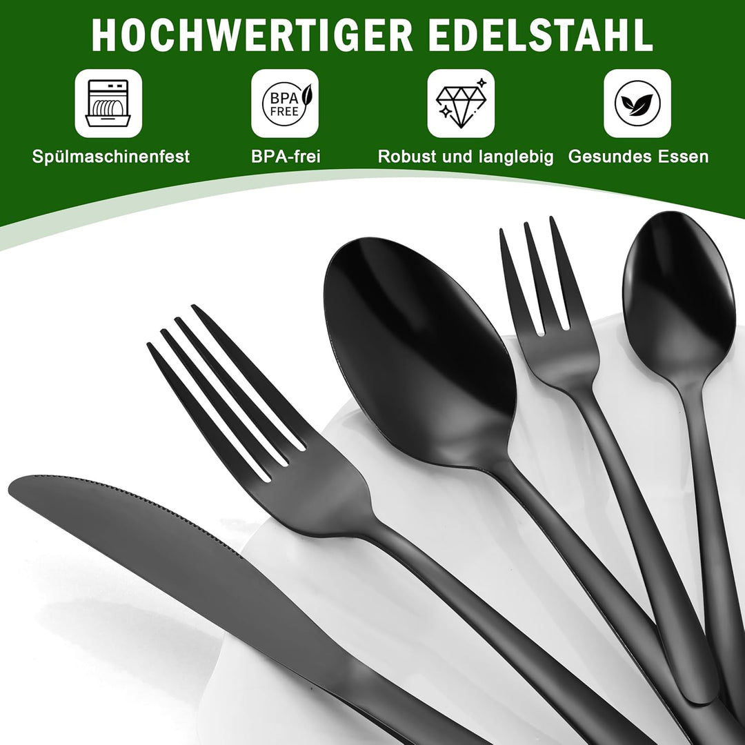 Hunnycook Besteck Set 12 personen, 60 Stück Besteck Schwarz Edelstahl, Schwarzes Besteck mit Gabeln,