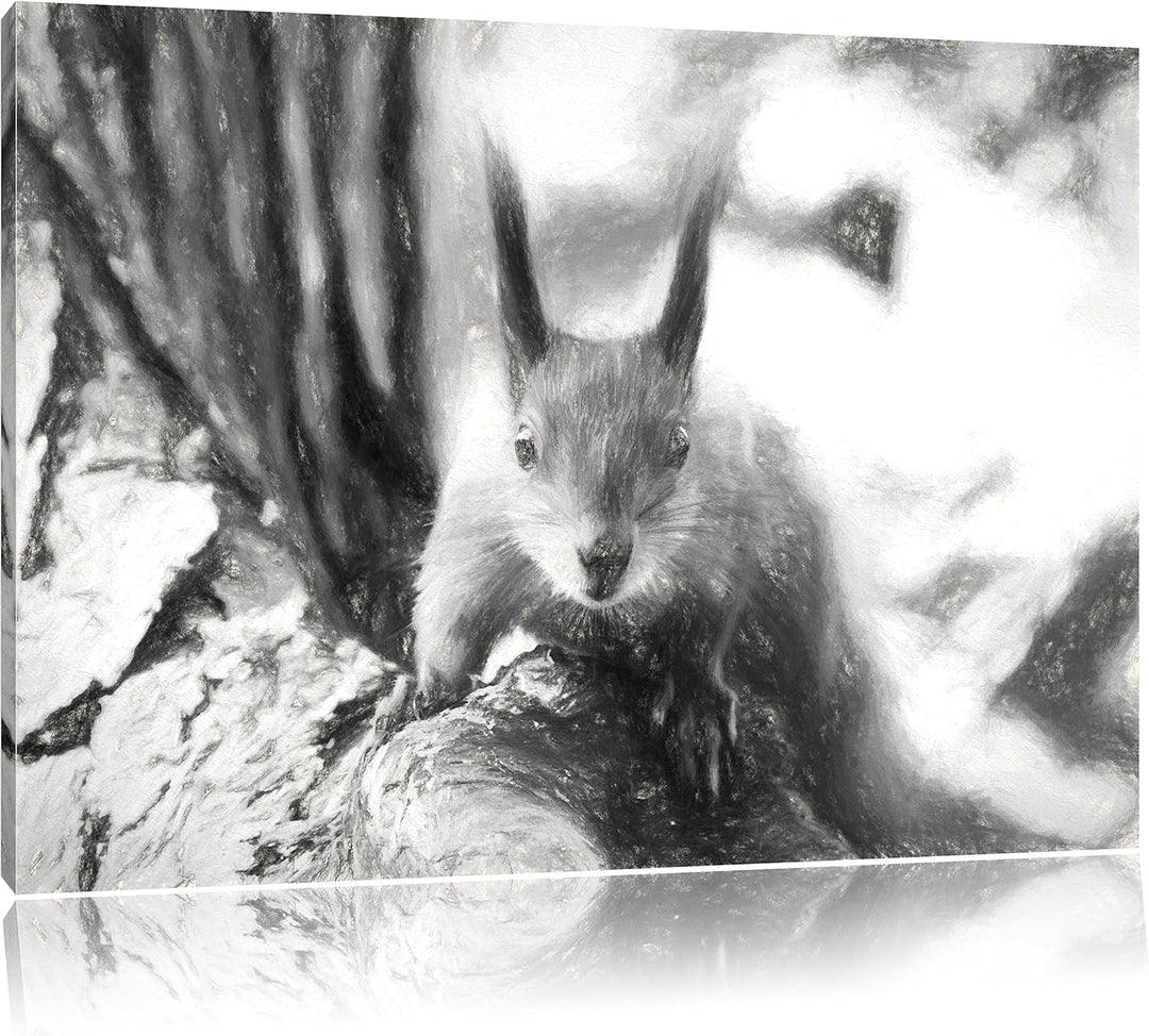 Pixxprint interessantes Eichhörnchen auf dem Baum Kunst Kohle Effekt, Format: 100x70 auf Leinwand, 1