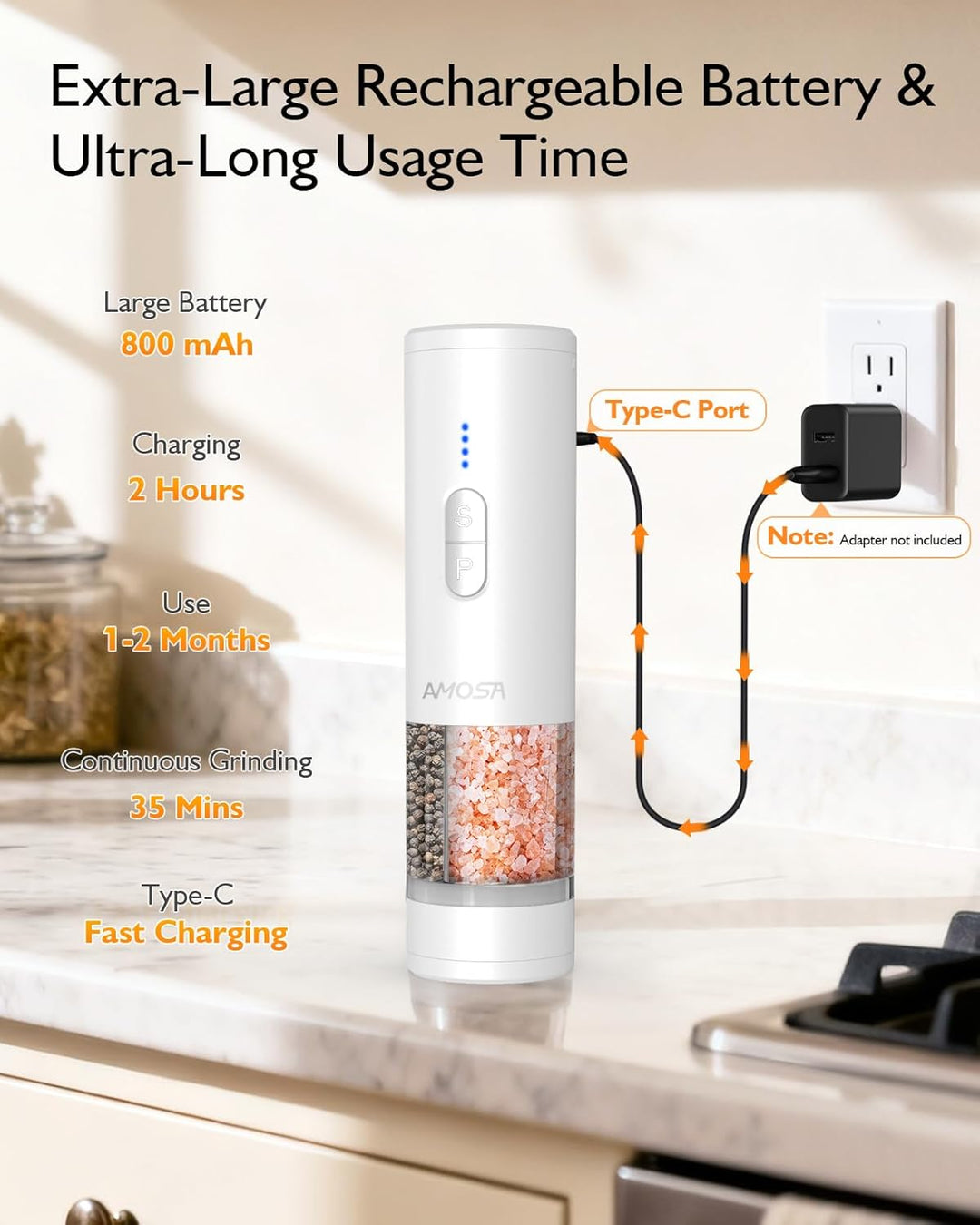 AMOSA Salz und Pfeffermühle Elektrisch, 2-in-1 Doppelbehälter USB Aufladbar, Nachfüllbar Automatisch