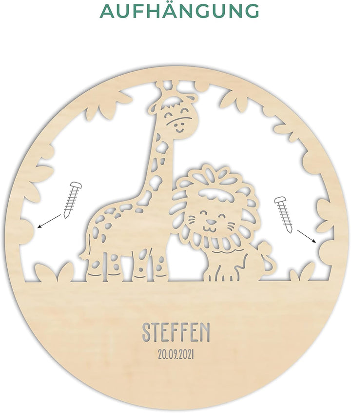 LAUBLUST Nachtlicht Kinderzimmer Personalisiert - Löwe & Giraffe - 30x0,4 cm - Natur - Wandlampe Hol